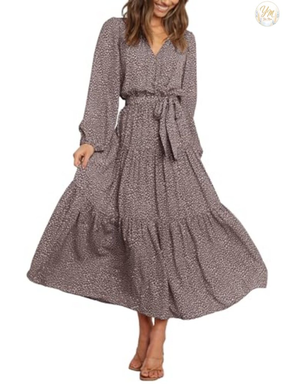Boho Floral Wrap Maxi Dress Long Sleeve V-Neck Tie Waist
